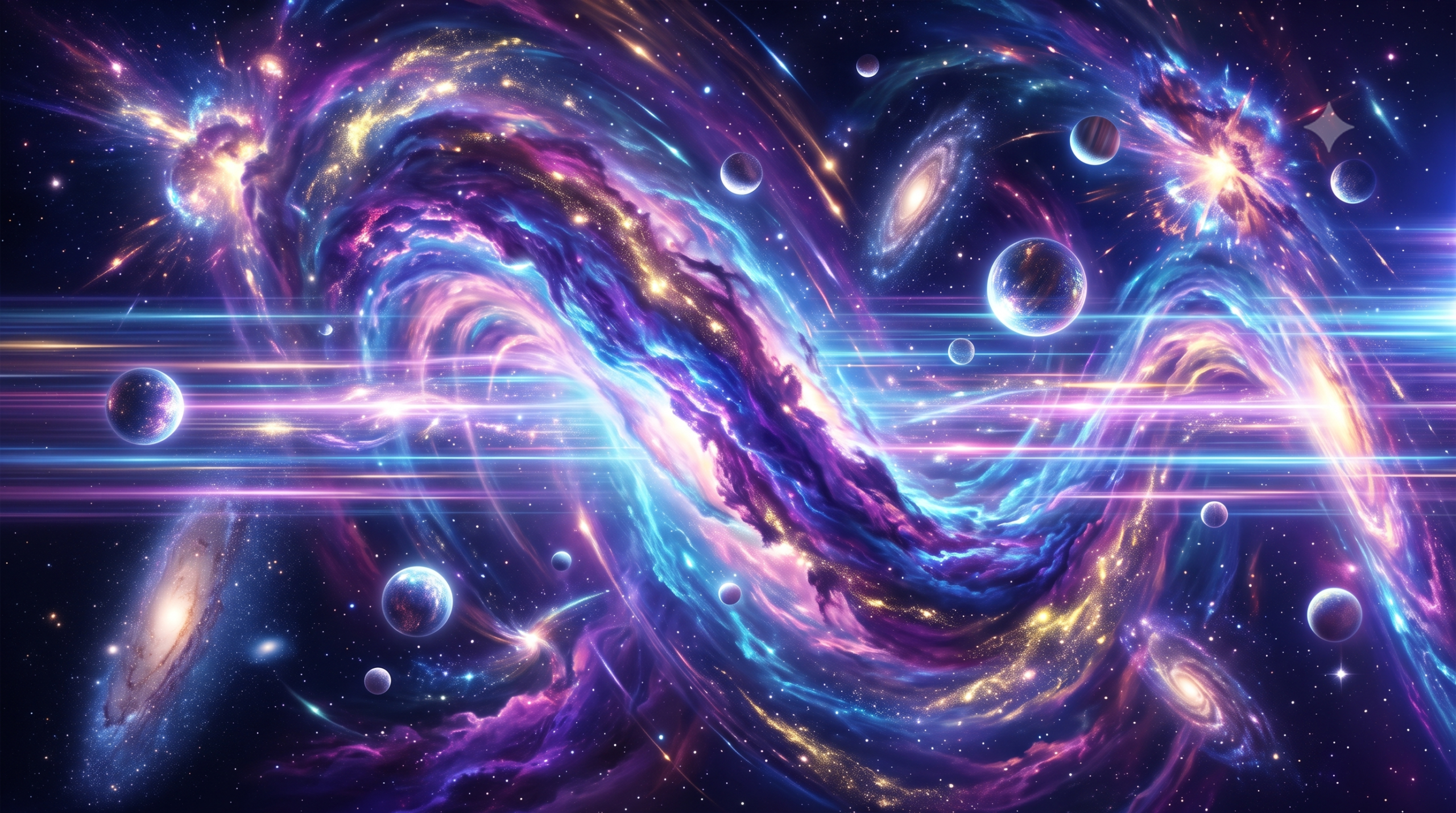 Derin uzayda mor, mavi, pembe ve altın sarısı renklerle yukarı doğru spiral çizen muazzam bir nebulayı ve parlayan dikey enerji bantlarını gösteren soyut kozmik enerji afişi. Çevresinde yıldızlar, galaksiler ve gezegenler dikey bir düzende yer alıyor.