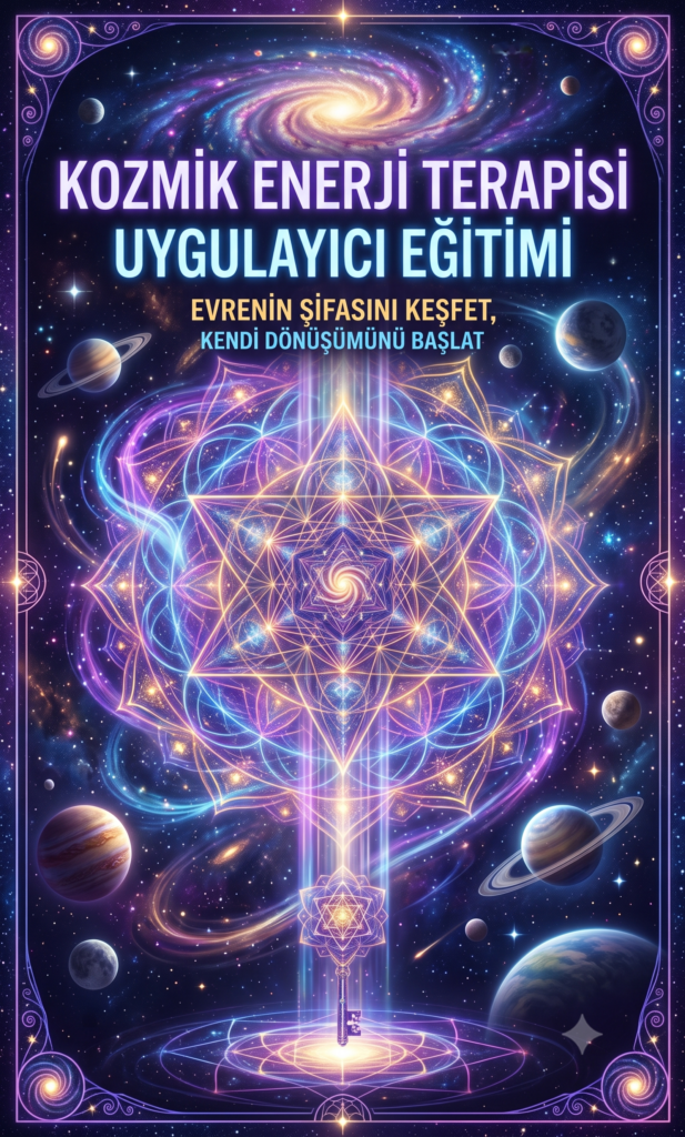 Derin uzay arka planında, mor, mavi ve altın sarısı tonlarında parlayan devasa bir kutsal geometri ve mandala deseni. Üst kısımda parlak harflerle "Kozmik Enerji Terapisi Uygulayıcı Eğitimi" ve "Evrenin şifasını keşfet, kendi dönüşümünü başlat" sloganı yer alıyor. Merkeze doğru inen enerjinin ucunda parlayan bir anahtar sembolü, etrafında ise çeşitli gezegenler, yıldızlar ve sarmal nebulalar bulunuyor.