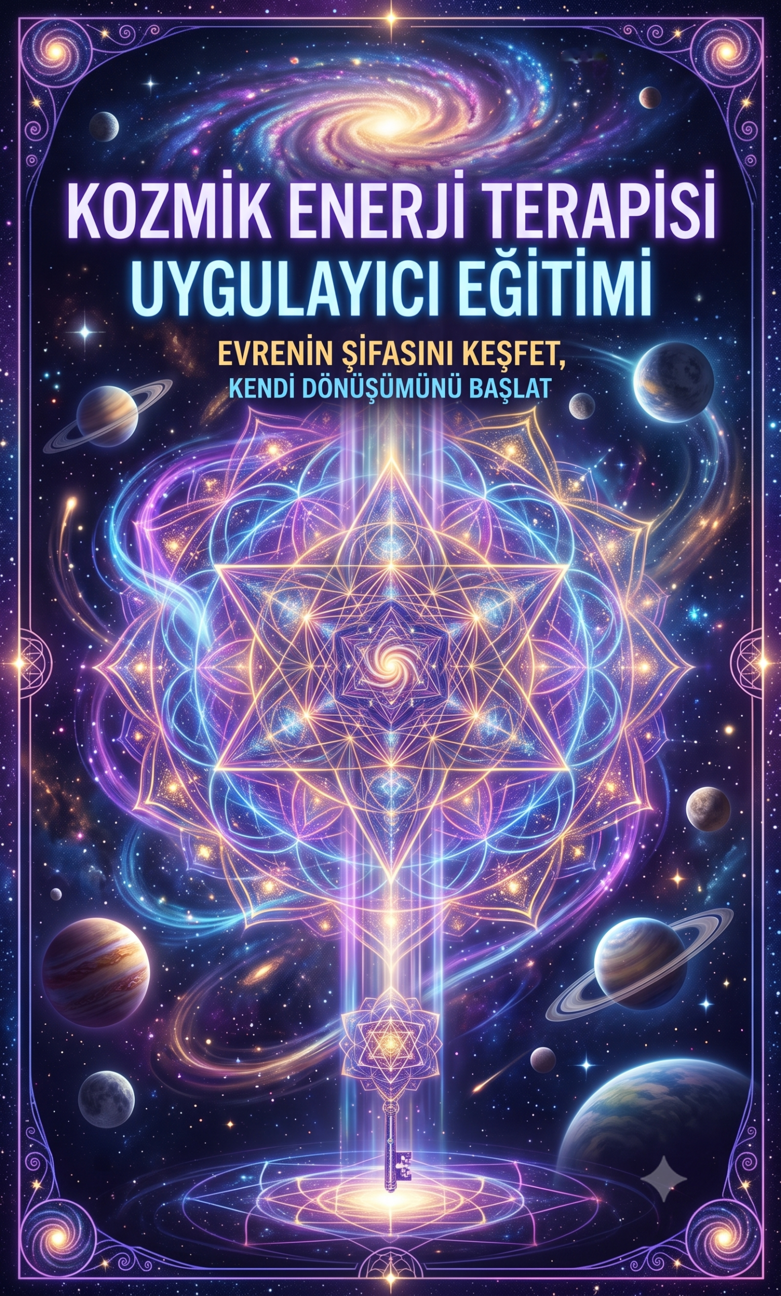 Derin uzay arka planında, mor, mavi ve altın sarısı tonlarında parlayan devasa bir kutsal geometri ve mandala deseni. Üst kısımda parlak harflerle "Kozmik Enerji Terapisi Uygulayıcı Eğitimi" ve "Evrenin şifasını keşfet, kendi dönüşümünü başlat" sloganı yer alıyor. Merkeze doğru inen enerjinin ucunda parlayan bir anahtar sembolü, etrafında ise çeşitli gezegenler, yıldızlar ve sarmal nebulalar bulunuyor.